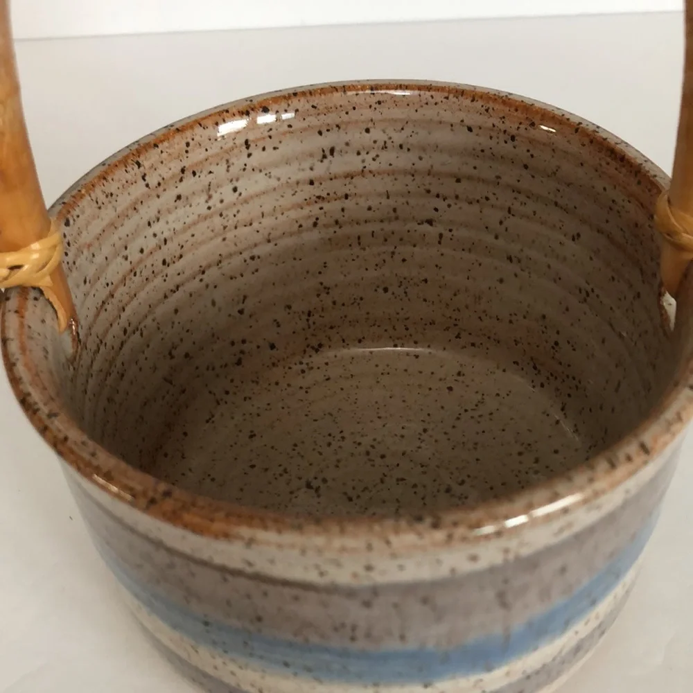 Art Pottery Glazed Basket Style Bowl With Bamboo Handle-Signed